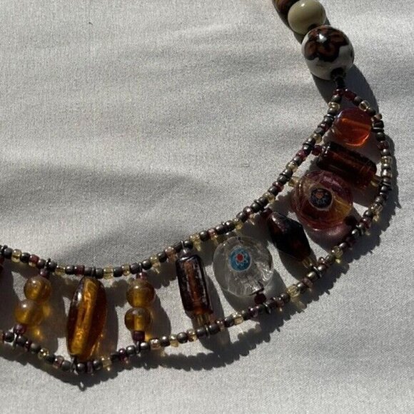 Vintage Amber & Glass Faceted Bead and Porcelain Flower Boho Necklace 21 inches - Picture 14 of 15